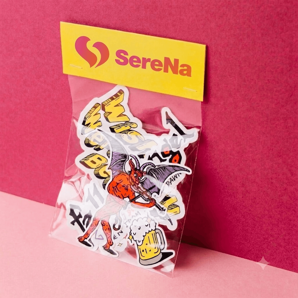 SereNa stickers spread on a colorful background